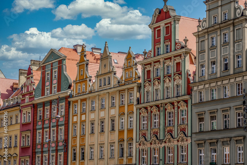 Wroclaw Market Square, lined with colorful elegant townhouses cloudy blue summer sky