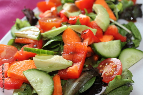 Fresh Healthy nutritious salad with avocado, cucumber, tomato, carrot and peppers