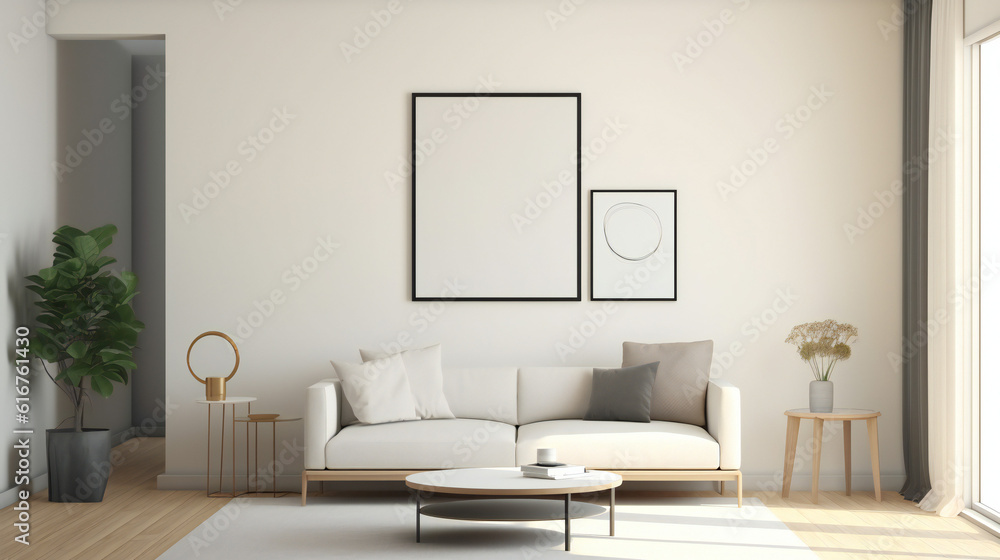 Stylish Living Room Interior with Mockup Frame Poster, Modern interior design, 3D render, 3D illustration Stylish Living Room Interior with Mockup Frame Poster, Modern interior design, 3D render, 3D illustration