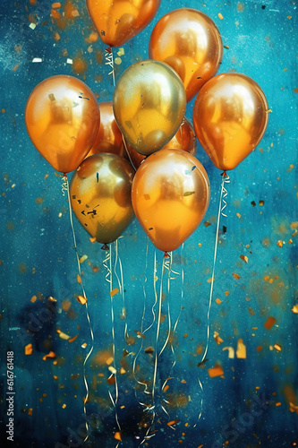 Holiday celebration background with golden metallic balloons, gold sparkles confetti and ribbons. Festive card for birthday party, anniversary, christmas or other events. Created with generative Ai