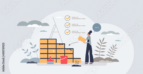 Habit building and build repetitive behavior process tiny person concept. Personal development with self management and new routine steps vector illustration. Career determination and personal effort