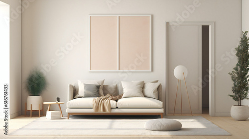 Stylish Living Room Interior with Mockup Frame Poster, Modern interior design, 3D render, 3D illustration