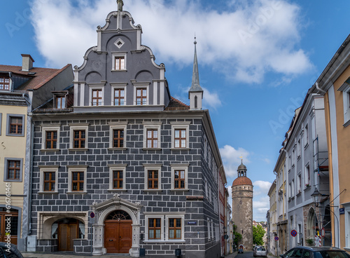 Renaissance corner house, with grey and white decoration with no people around in Gorlitz Germany