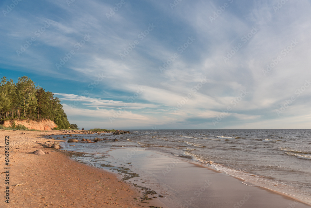 Ezhurgas cliffs (latvian: Ežurgas klintis) on Baltic sea shore in Latvia on summer day
