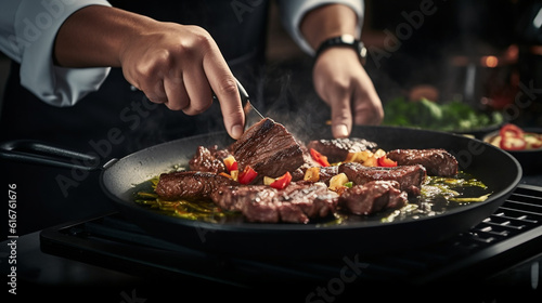 A close-up shot of a stylish man's hands skillfully seasoning a sizzling pan of steak, showcasing his culinary expertise Generative AI