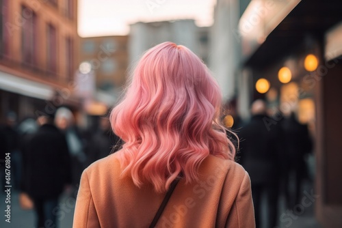 Beautiful young woman with unusual long hair color walking down the street in the city view from back. blurred background. pink color stylish look Fashion concept. Girl with beautiful red hair. Style