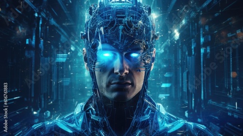 Futuristic Cyborg with Blue LED Lights in a Fantasy World
