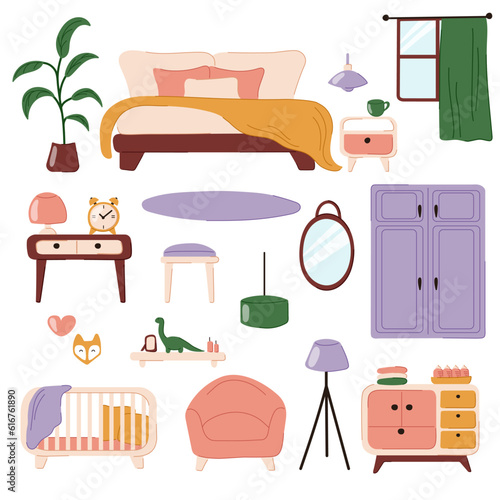 Bedroom furniture set in flat style. Isolated cartoon collection of furniture bed, wardrobe, armchair, lamp. Childrens room furniture.