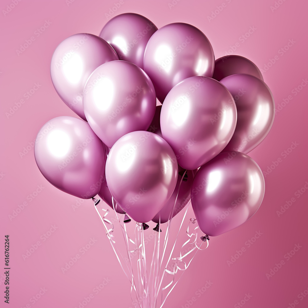 Shiny pink metallic balloons isolated on pink soft pastel background. Card for wedding, woman's day, mothers day, valentine's day. Festive pink background with copy space. Created with generative Ai