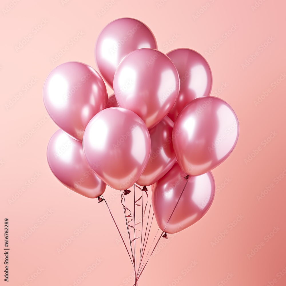 Shiny pink metallic balloons isolated on pink soft pastel background. Card for wedding, woman's day, mothers day, valentine's day. Festive pink background with copy space. Created with generative Ai
