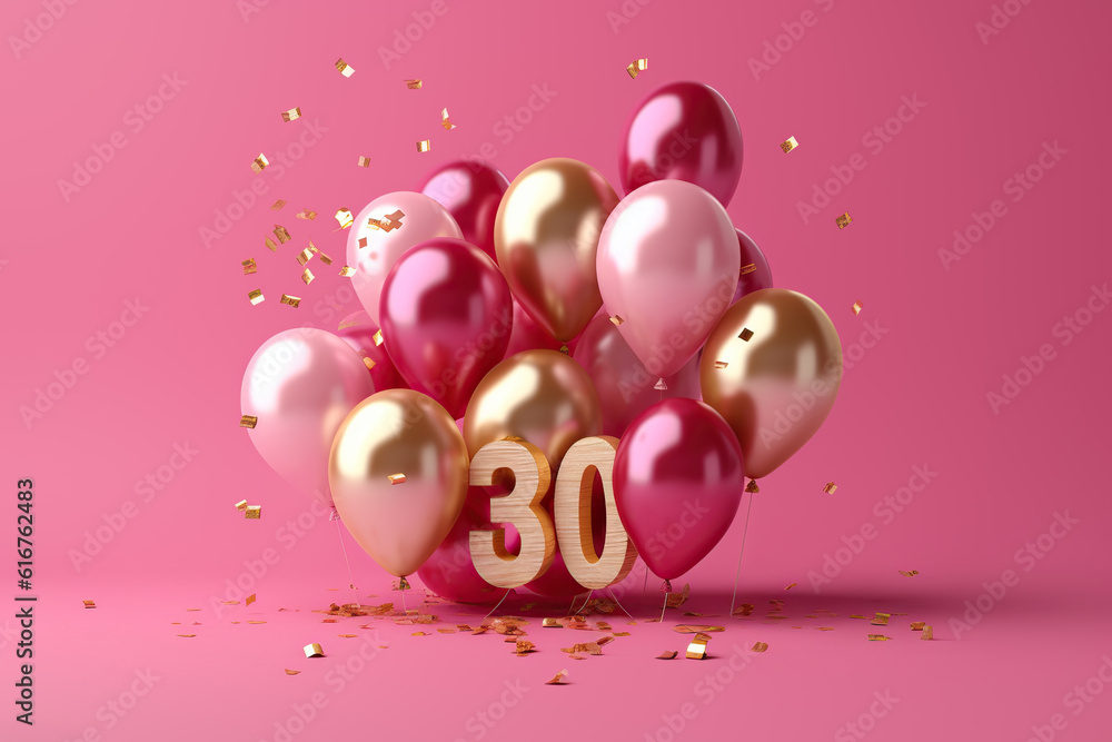 Bunch of shiny pink and golden balloons on magenta background. Card for 30 years anniversary for birthday, wedding or other events. Festive pink background with copy space. Created with generative Ai