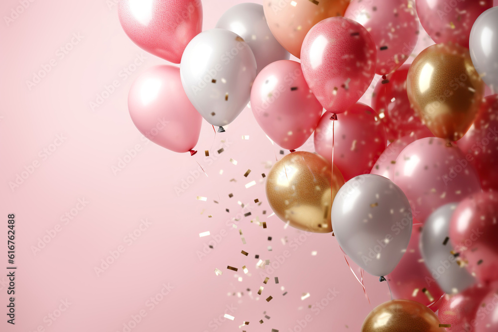 Shiny pink and golden glitter balloons on light pink soft pastel background. Card for christmas, wedding, birthday, woman's day, mothers day, valentine's day. Created with generative Ai