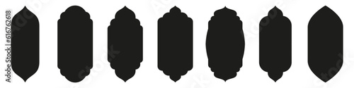 Shape Islamic door and window silhouette Arabic arch. Collection of patterns in oriental style. Frames in Arabic Muslim design for Ramadan Kareem. Vector mosque gate shape isolated