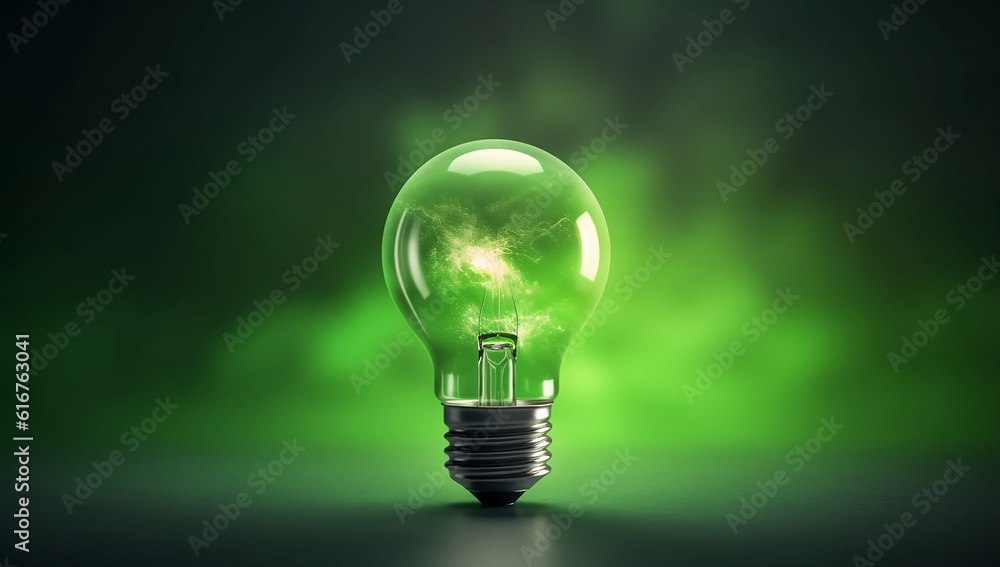 Glowing light bulb on green blur background and sunlight in nature. concept of energy saving light bulb background generative ai Glowing light bulb on green blur background and sunlight in nature. concept of energy saving light bulb background generative ai