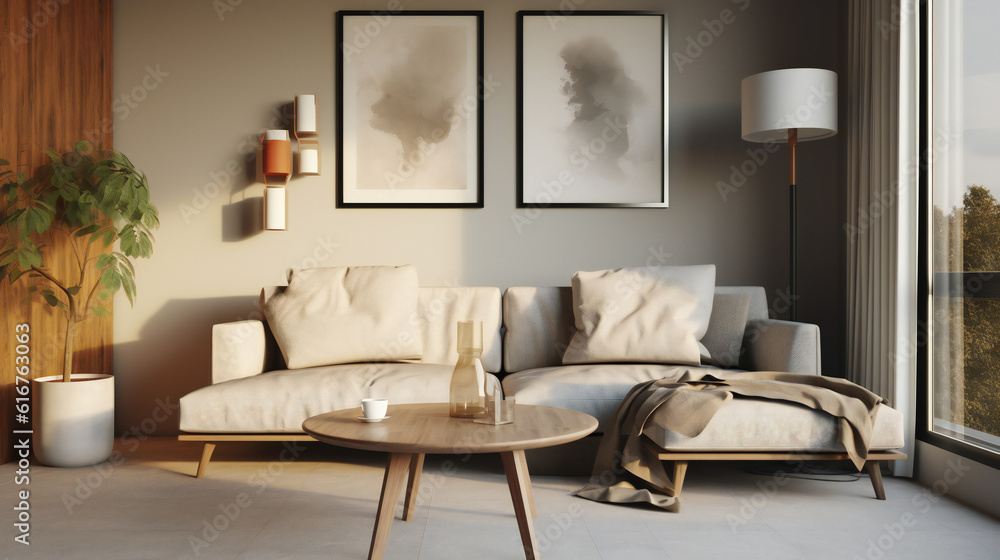 Fototapeta premium Stylish Living Room Interior with an Abstract Frame Poster, Modern interior design, 3D render, 3D illustration