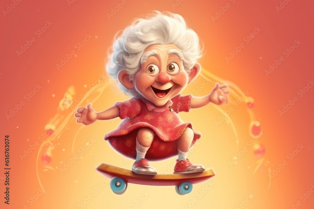 Fototapeta premium A cute granny rides a skateboard acrobatically while smiling happily. (Illustration, Generative AI)