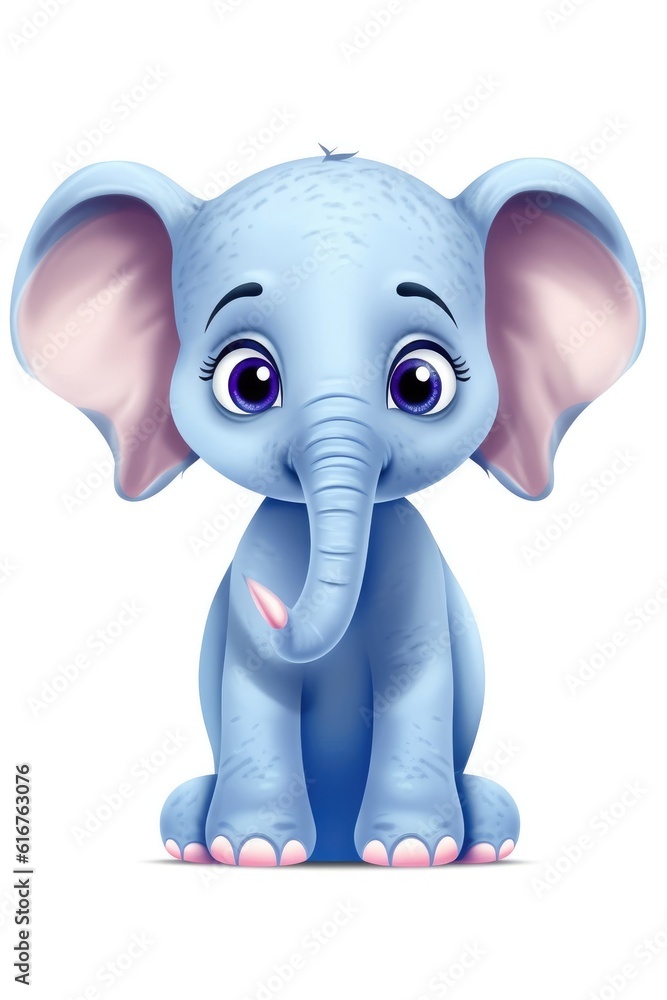 Cute baby Elephant in Cartoon Style on white background - generative AI