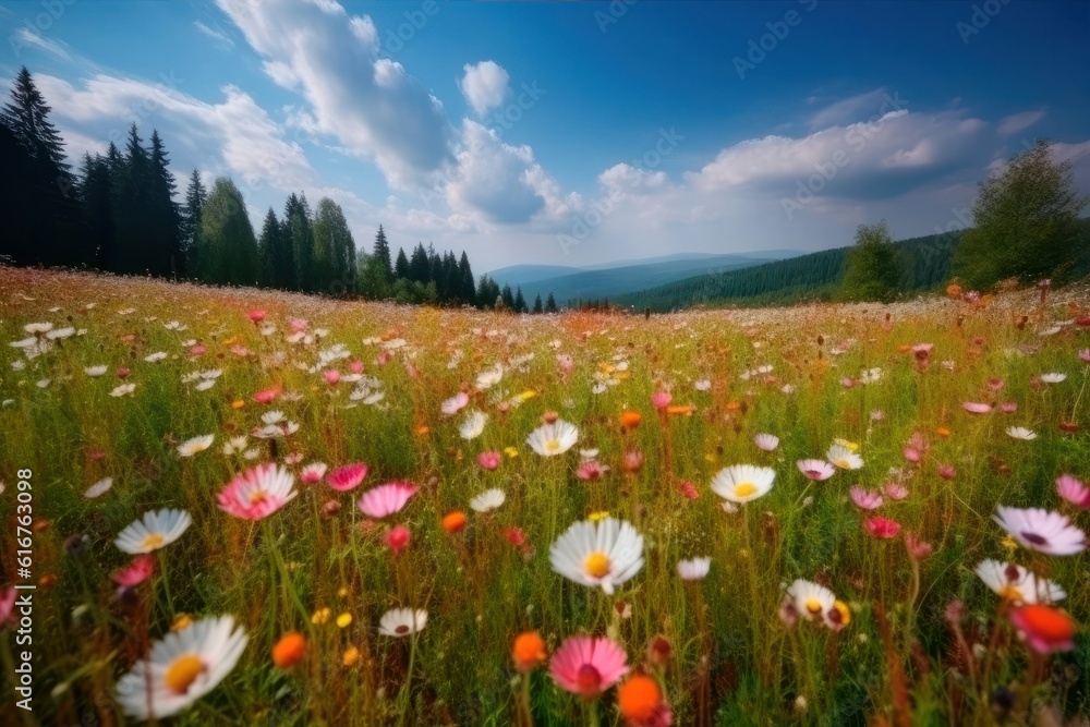 spring landscape panorama with flowering flowers on meadow. white chamomile and purple bluebells blossom on field. panoramic summer view of blooming wild flowers in meadow spring landscape panorama with flowering flowers on meadow. white chamomile and purple bluebells blossom on field. panoramic summer view of blooming wild flowers in meadow