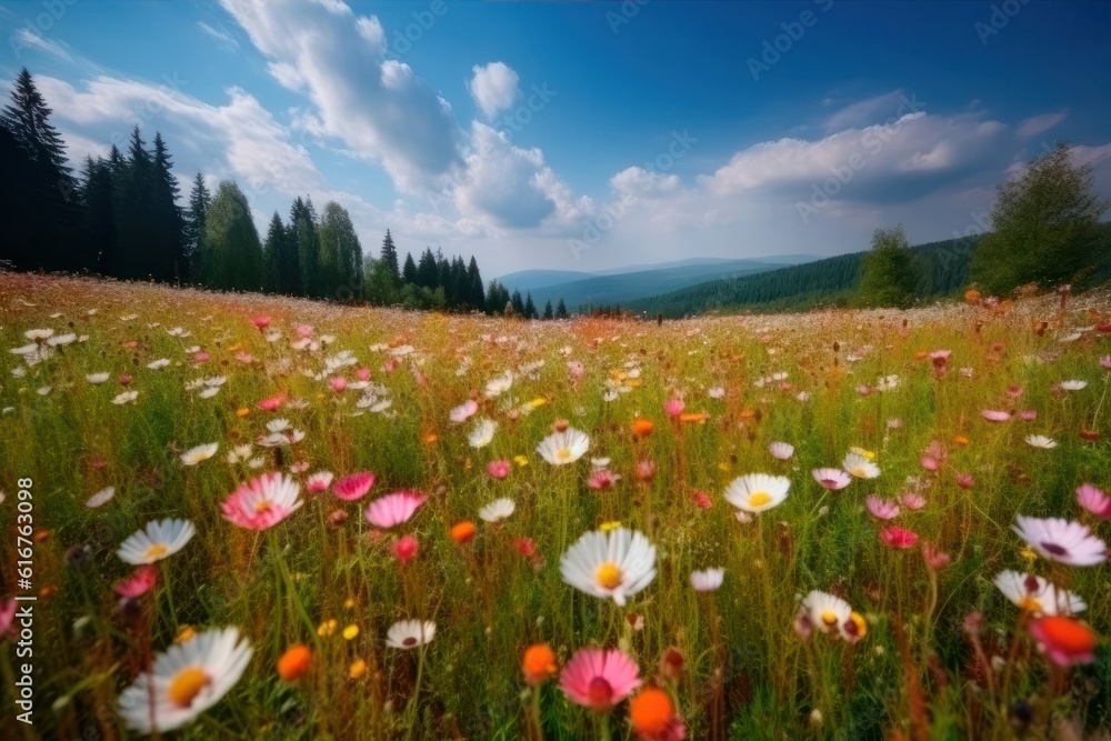 spring landscape panorama with flowering flowers on meadow. white chamomile and purple bluebells blossom on field. panoramic summer view of blooming wild flowers in meadow