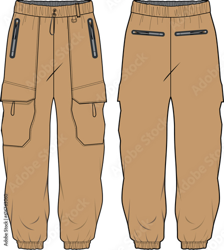 Cargo Jogger bottom Pants design flat sketch vector illustration, Utility pockets pants concept with front and back view, Sweatpants for running, jogging, fitness, and active wear pants design.