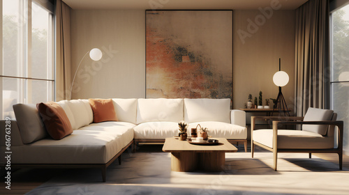 Stylish Living Room Interior with an Abstract Frame Poster, Modern interior design, 3D render, 3D illustration