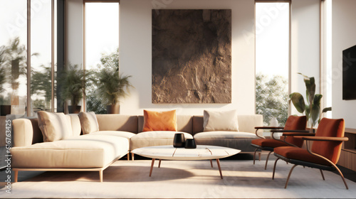 Stylish Living Room Interior with an Abstract Frame Poster, Modern interior design, 3D render, 3D illustration © Roman P.