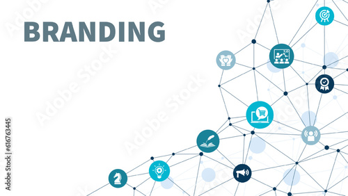 Branding banner web icon for business and digital marketing, Target, social media, storytelling, awareness, customer service, quality and brand loyalty. 