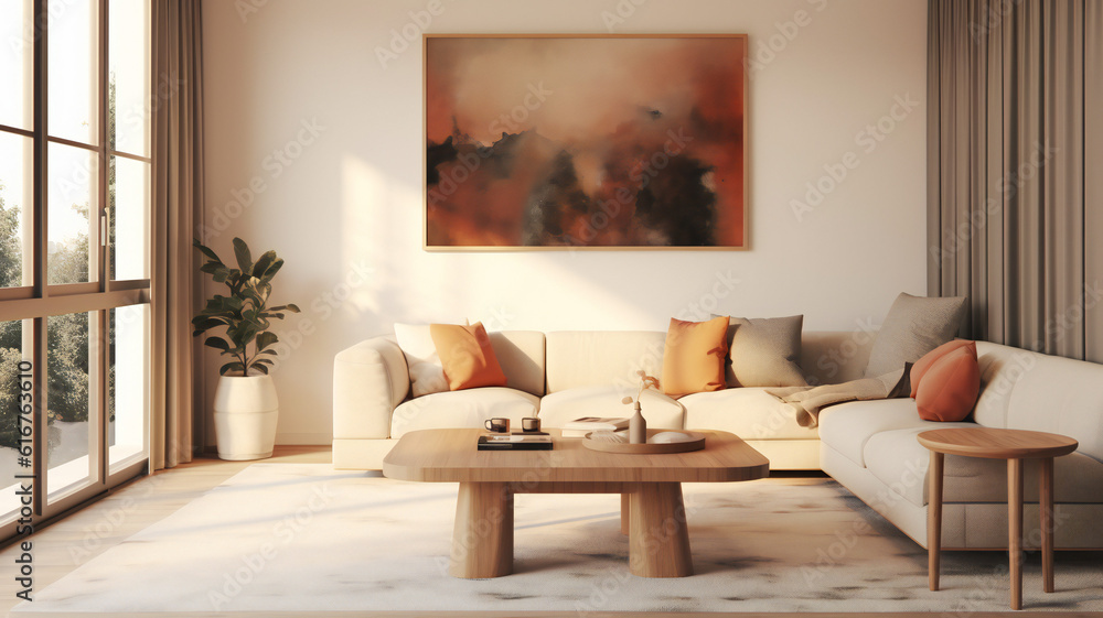 Fototapeta premium Stylish Living Room Interior with an Abstract Frame Poster, Modern interior design, 3D render, 3D illustration