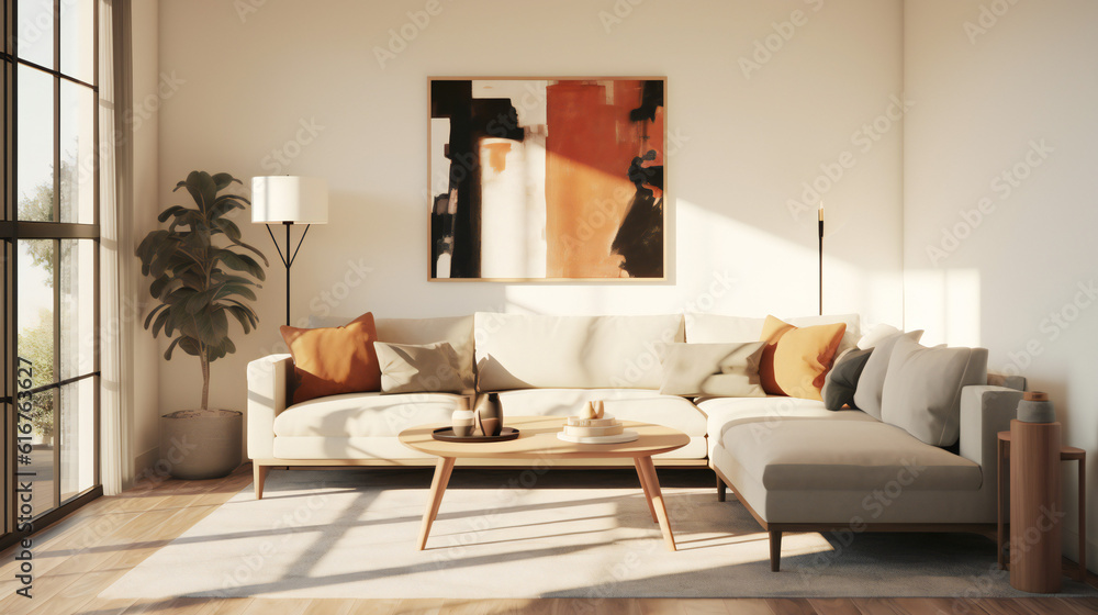Stylish Living Room Interior with an Abstract Frame Poster, Modern interior design, 3D render, 3D illustration Stylish Living Room Interior with an Abstract Frame Poster, Modern interior design, 3D render, 3D illustration