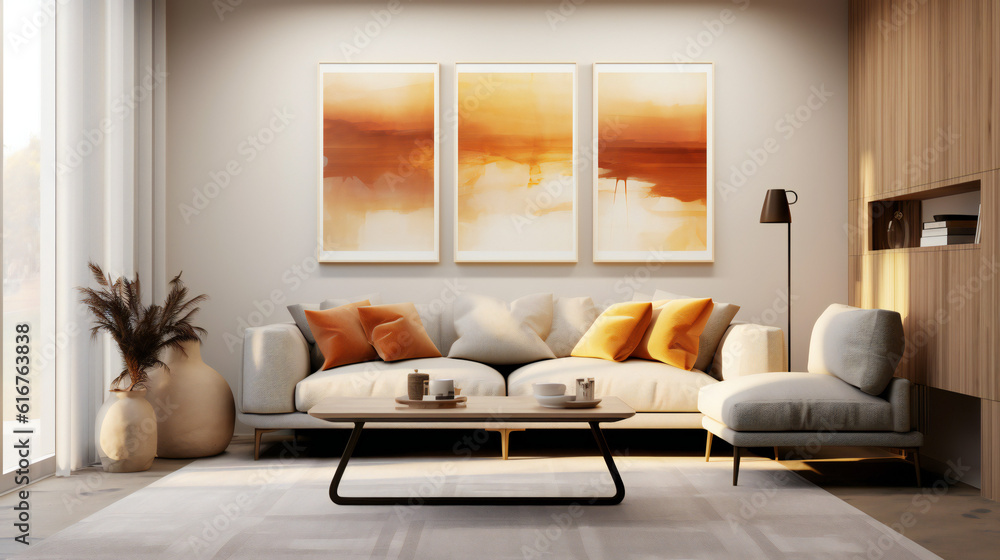 Fototapeta premium Stylish Living Room Interior with an Abstract Frame Poster, Modern interior design, 3D render, 3D illustration