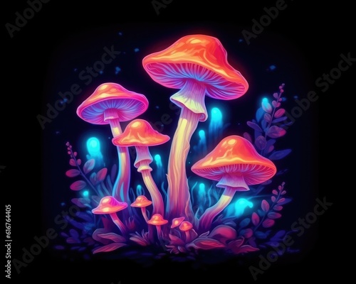 Mushrooms feature iridescent colors, neon, mercury, and petrol. (Illustration, Generative AI)
