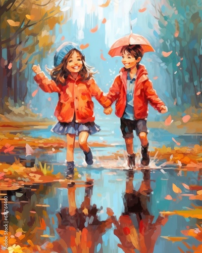 Kids jump happily in colorful raincoats. (Illustration, Generative AI)