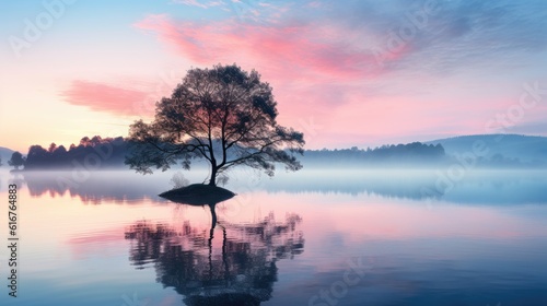 A serene and peaceful scene of a calm lake at sunrise, with mist rising from the water's surface. Generative AI. © kept