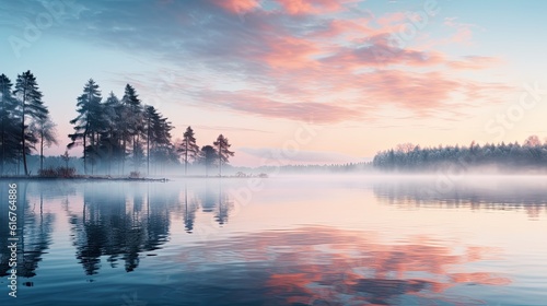 A serene and peaceful scene of a calm lake at sunrise, with mist rising from the water's surface. Generative AI.