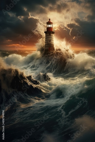 A stormy seascape with crashing waves, dark clouds, and a lighthouse standing tall against the elements. Generative AI.