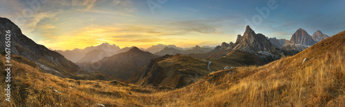 View of the Giau Pass after the sunset in the Dolomites, the province of Belluno, Italy.	