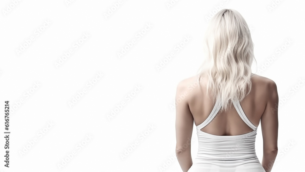 Young beautiful slim woman, view from the back and isolated background. Generative AI