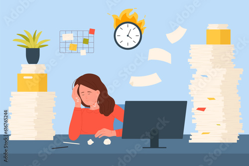 Bureaucracy, problem of employees overwork vector illustration. Cartoon scene of office workplace with frustrated tired businesswoman working hard, sitting at desk with paper documents and folders