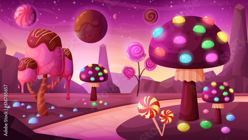 Candy fantasy planet vector illustration. Cartoon magic neon background, cosmic landscape for computer game with fairy tale ice cream and lollipop plants, biscuit mushrooms with sweets and chocolate