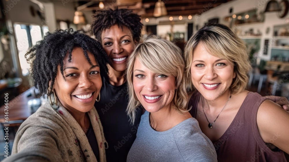 Take a selfie of 5 woman. Women of different races, genders and ages pose for the camera. Generative AI