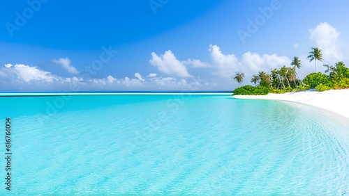 AI-generated content of Beautiful sandy beach with white sand and rolling calm wave of turquoise ocean on Sunny day on background white clouds in blue sky. Island in Maldives  colorful perfect panoram