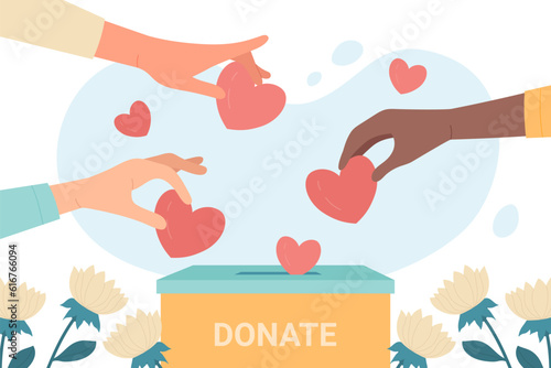 Hands of people donate. Volunteers give hearts to donation box flat vector illustration. Hope, solidarity, aid for refugees concept