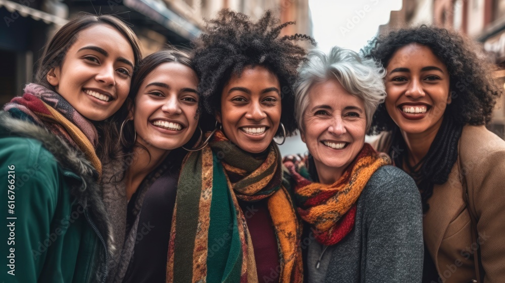 friends of different ethnic backgrounds in their forties. five beautiful women posing for the camera. Generative AI friends of different ethnic backgrounds in their forties. five beautiful women posing for the camera. Generative AI