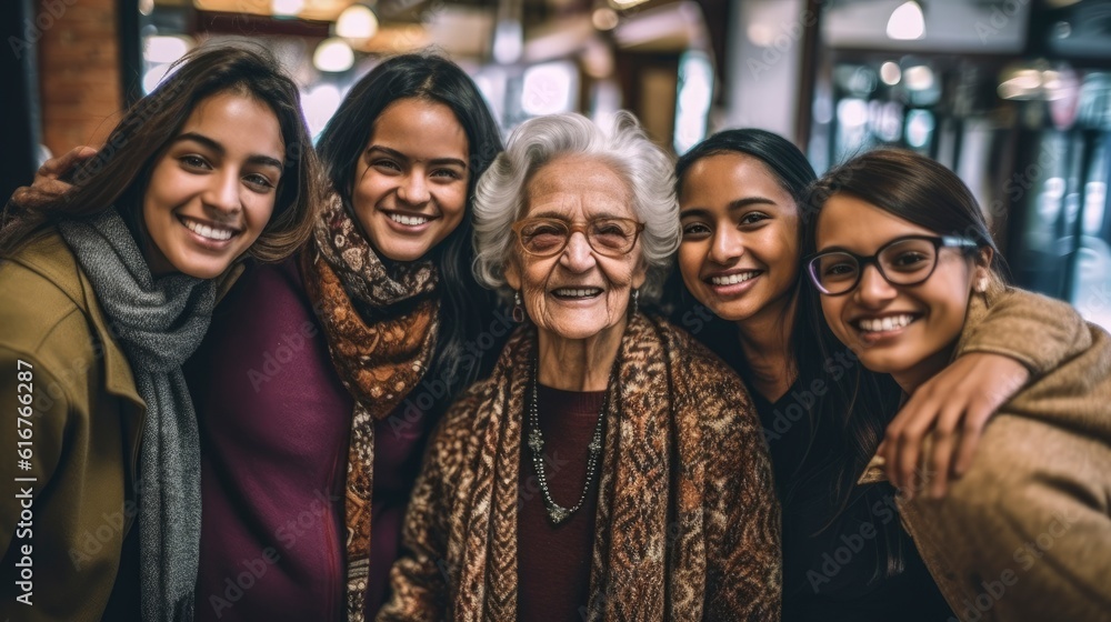 happy old woman standing in the middle of young women. Generative AI happy old woman standing in the middle of young women. Generative AI