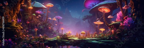 Colorful Neon Light Tropical Jungle Plants - Dreamlike and Enchanting Fantasy Landscape