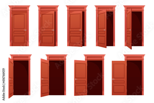 Open door animation vector illustration. Cartoon isolated sequence stages of brown wood closed, ajar and open doors, front view of entrance to building, home room or office with doorway and knob