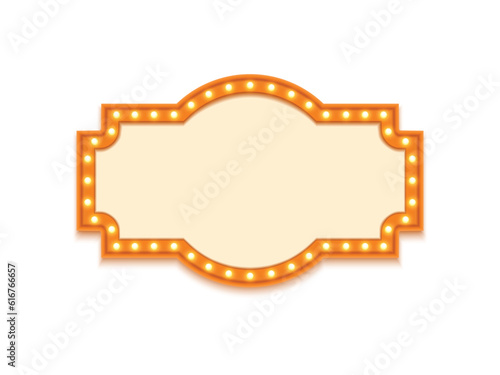 Antique shape marquee vintage 3d lightbox with glowing bulb. Orange color retro frame design vector illustration.