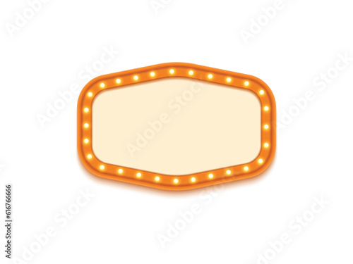 Antique shape marquee vintage 3d lightbox with glowing bulb. Orange color retro frame design vector illustration.