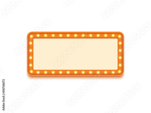 Antique shape marquee vintage 3d lightbox with glowing bulb. Orange color retro frame design vector illustration.