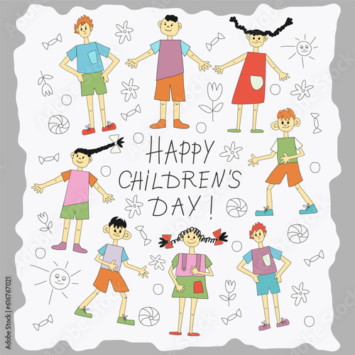 A concept on the theme of Children's Day. Girls and boys in different movements. Doodle, pencil, free style. Cheerful, happy. Text. Letters, words. For postcards, invitations.